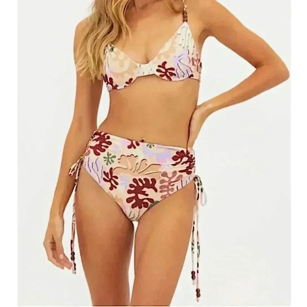 New Beach Riot High Rise Heather Bikini Bottoms Large Cream Tropical Print